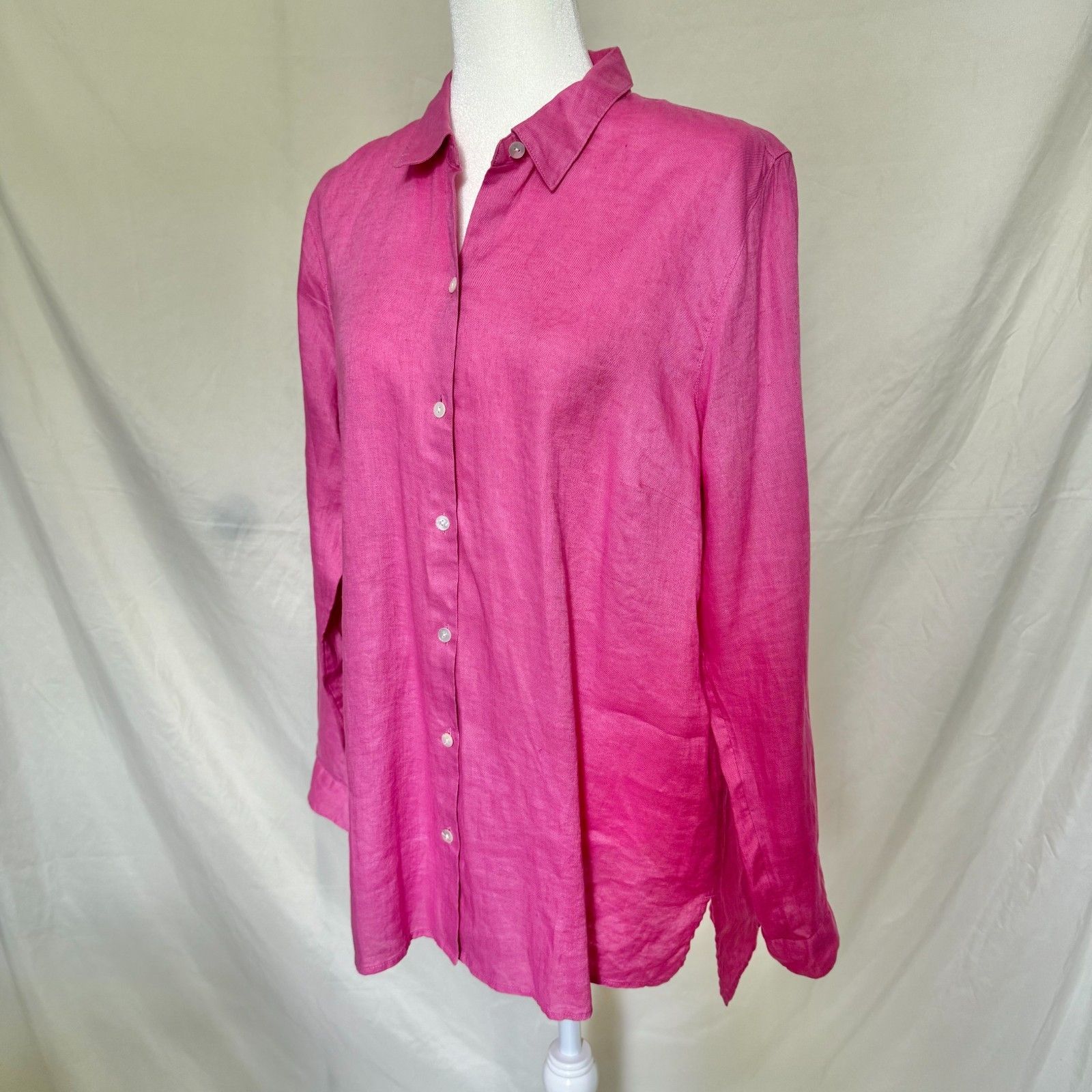 J Jill Love Linen Essential Shirt Womens L Bright Pink Long Sleeve Button Down